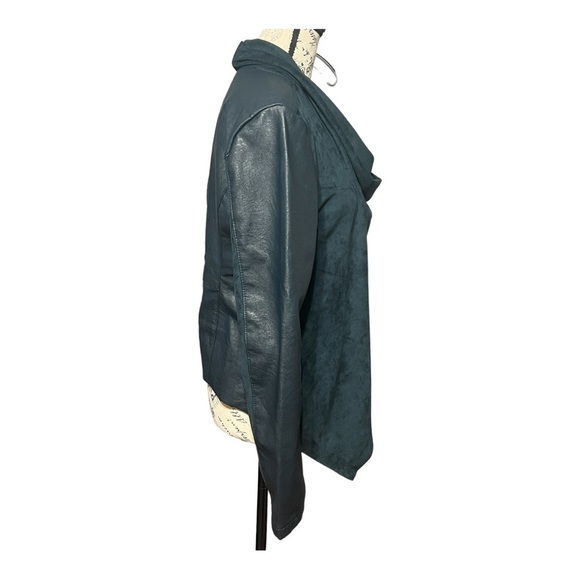 BlankNYC Draped Cowl Neck Moto Jacket Green Faux Leather Asymmetrical Zip Medium - Picture 7 of 9